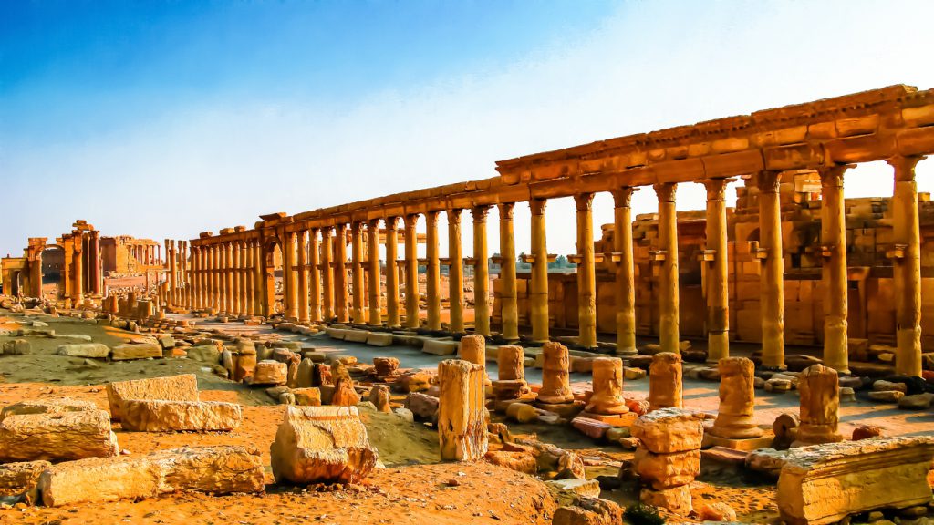 Panorama of Palmyra columns and ancient city, destroyed now, Syria