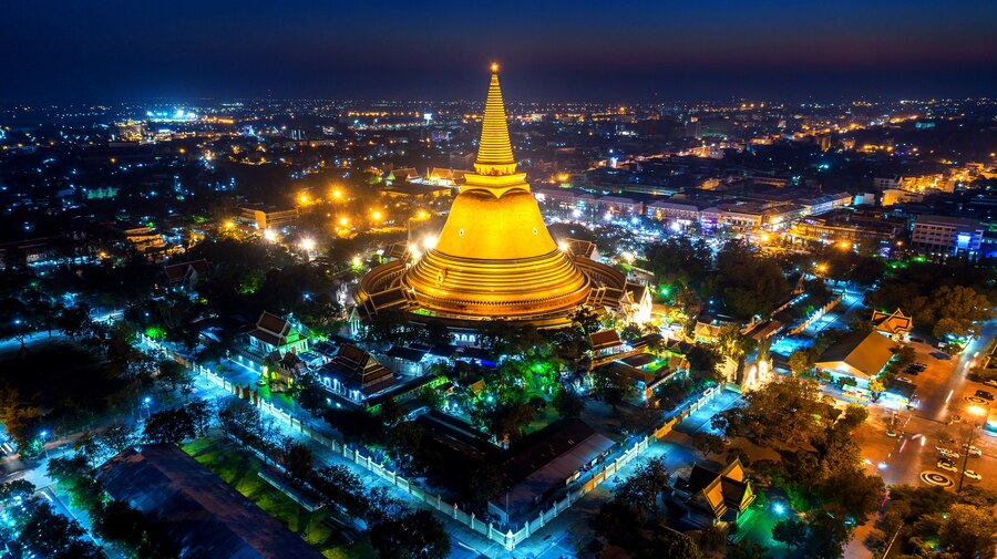 aerial view beautiful gloden pagoda night phra pathom chedi temple nakhon pathom province