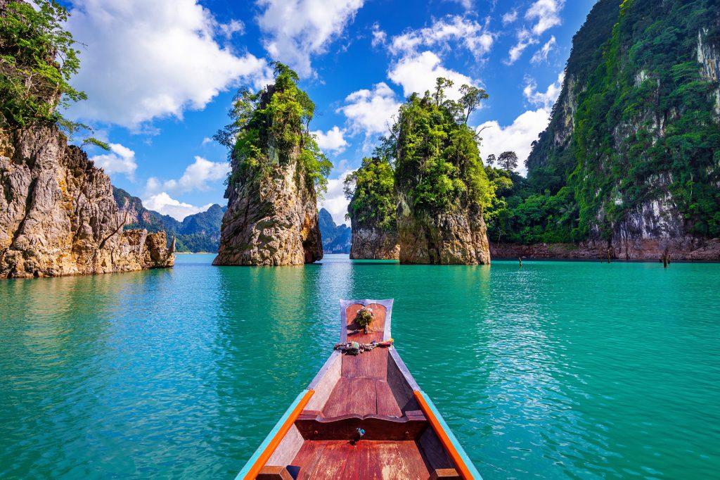 Beautiful mountains in Ratchaprapha Dam at Khao Sok National Par